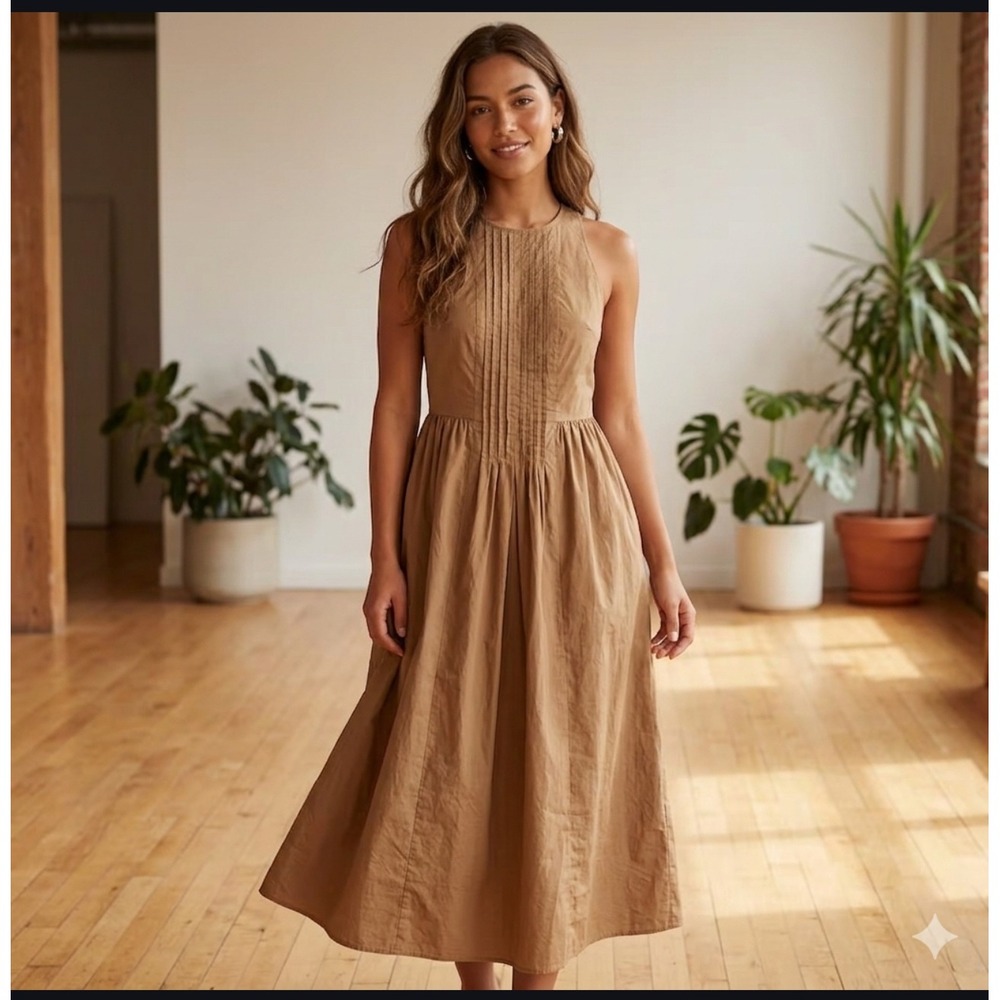 Xirena Linley Midi Dress Sleeveless Pintuck Cotton‎ Poplin Brown Chic Modern